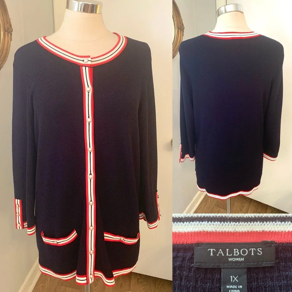 Talbots Navy Blue Cardigan Sweater Textured Preppy Knit career casual 1X 14 16 - Picture 16 of 16